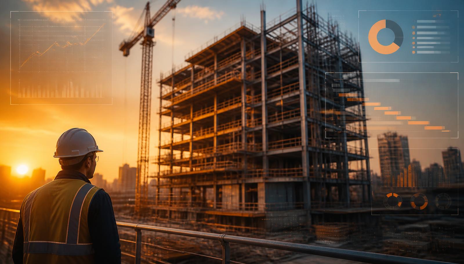 Project manager on a steel-frame job site at sunset with schedule and progress data overlaid